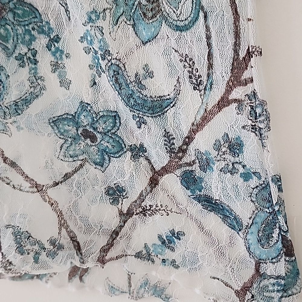 Y2K 90's Blue Floral Semi Sheer Mesh Tulle Beige Lace Trim Fitted Henley Top S E - Picture 7 of 12